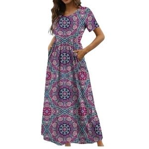 Aranoy Medallion Abstract Maxi Dress Large Pink Blue Short Sleeve Colorful
